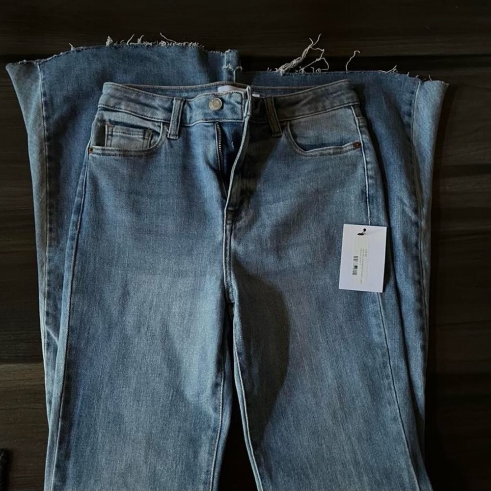 light blue high waisted flared jeans